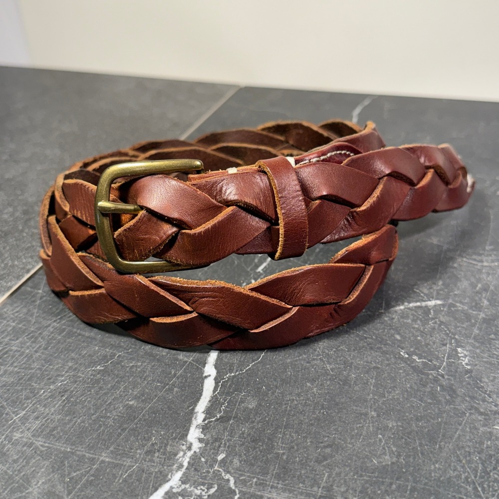 Mens J Crew Braided Leather Belt | Size 32/34 | Brown Vintage Woven Brass Buckle